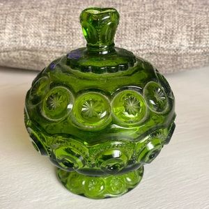 Vintage LE SMITH moon stars green glass pedestal covered candy Dish/ lid RARE